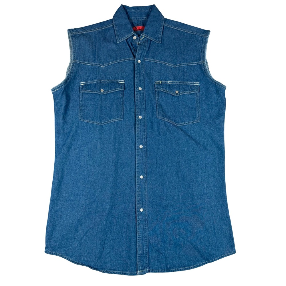 Vtg Canyon Guide Western Denim Vest Sleeveless Snap Shirt Blue Indie Grunge Sz M